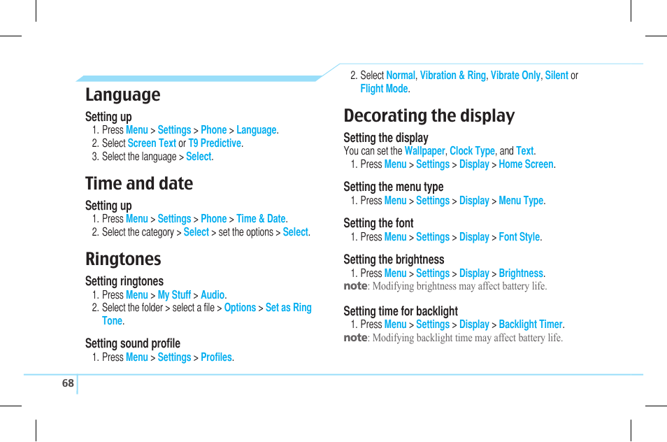 Language, Time and date, Ringtones | Decorating the display | Pantech Lena C610 User Manual | Page 68 / 82