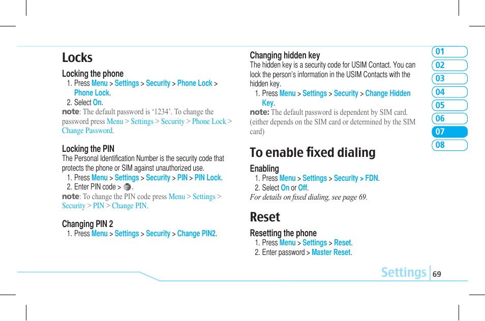 Settings locks, Reset | Pantech Lena C610 User Manual | Page 69 / 82