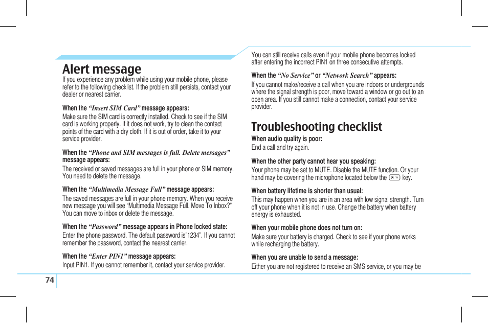 Alert message, Troubleshooting checklist | Pantech Lena C610 User Manual | Page 74 / 82