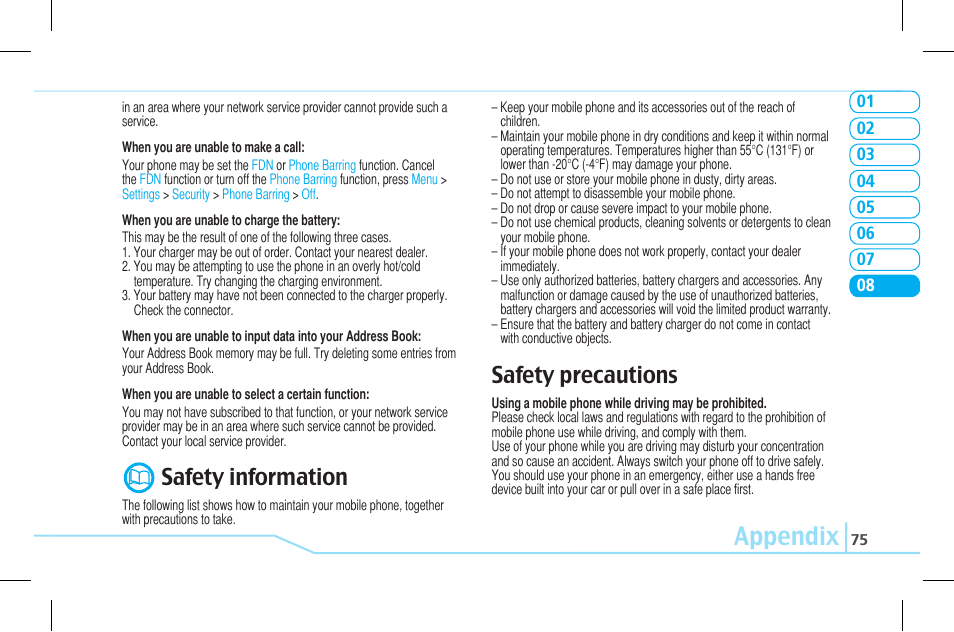 Appendix, Safety information, Safety precautions | Pantech Lena C610 User Manual | Page 75 / 82