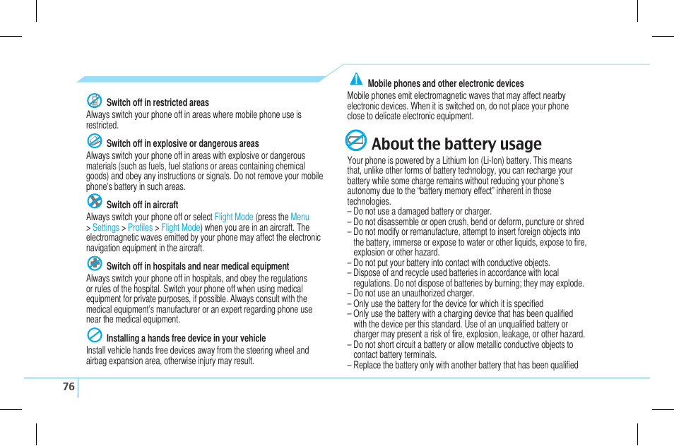 About the battery usage | Pantech Lena C610 User Manual | Page 76 / 82
