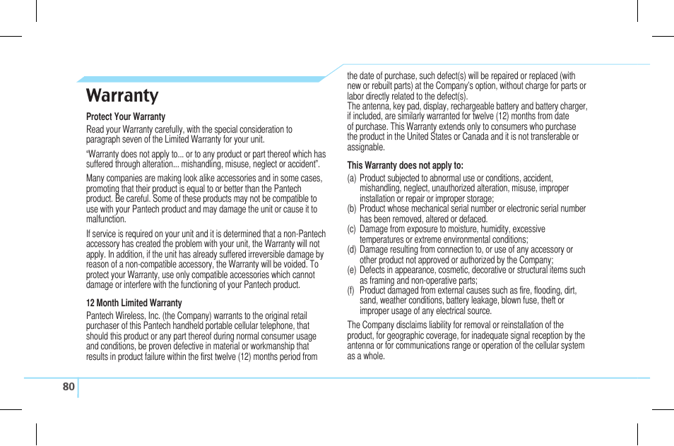 Warranty | Pantech Lena C610 User Manual | Page 80 / 82