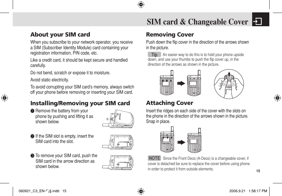 Sim card & changeable cover, About your sim card, Installing/removing your sim card | Removing cover, Attaching cover | Pantech C3 User Manual | Page 16 / 97
