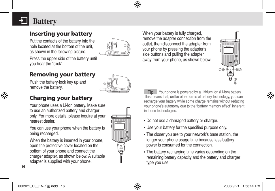 Battery, Inserting your battery, Removing your battery | Charging your battery | Pantech C3 User Manual | Page 17 / 97