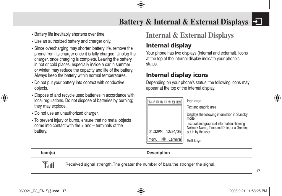 Battery & internal & external displays, Internal & external displays, Internal display | Internal display icons | Pantech C3 User Manual | Page 18 / 97
