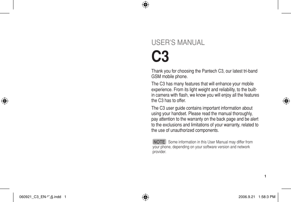 User’s manual | Pantech C3 User Manual | Page 2 / 97
