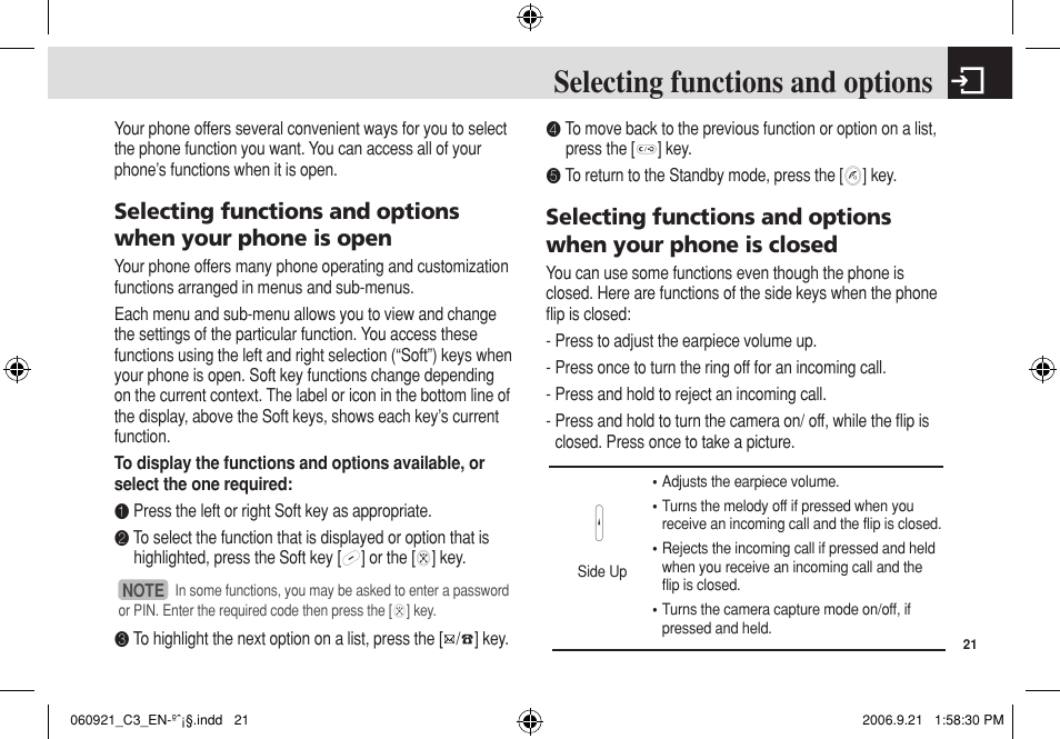 Selecting functions and options | Pantech C3 User Manual | Page 22 / 97