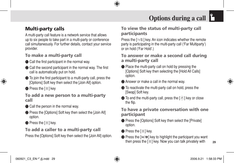 Options during a call, Multi‐party calls | Pantech C3 User Manual | Page 30 / 97