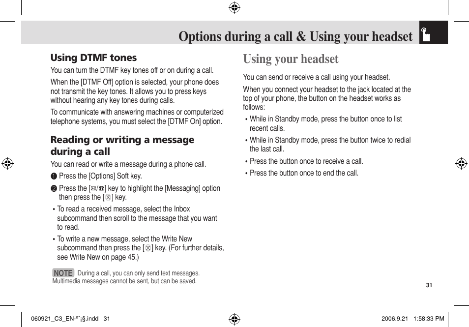 Options during a call & using your headset, Using your headset, Using dtmf tones | Reading or writing a message during a call | Pantech C3 User Manual | Page 32 / 97