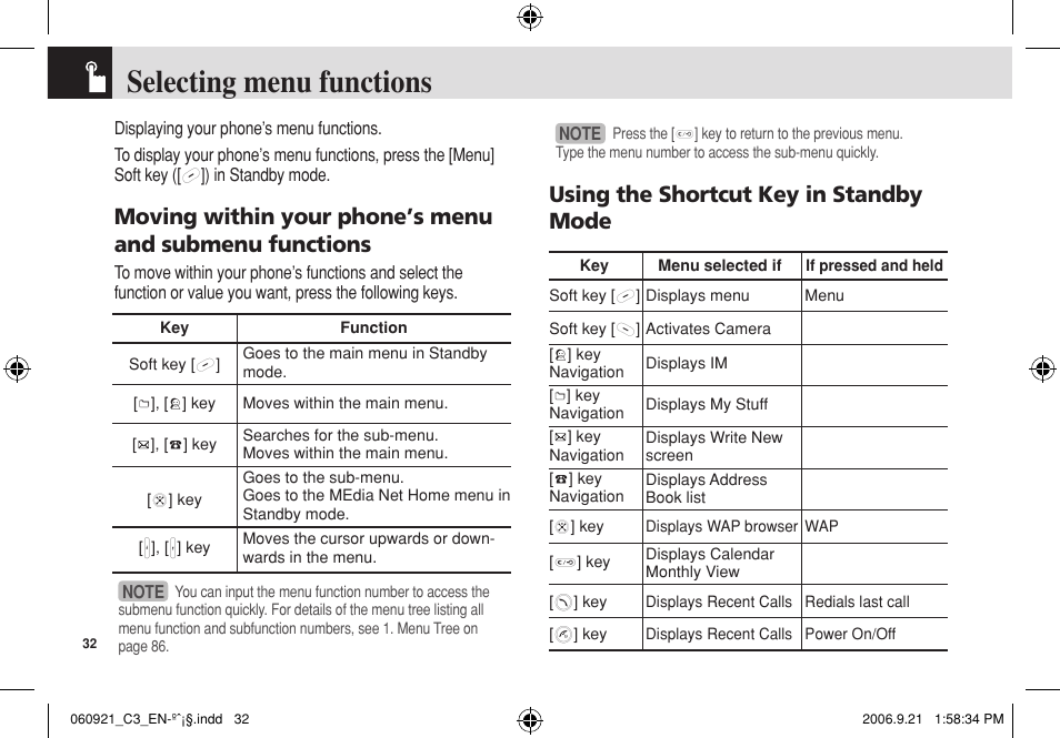 Selecting menu functions, Using the shortcut key in standby mode | Pantech C3 User Manual | Page 33 / 97