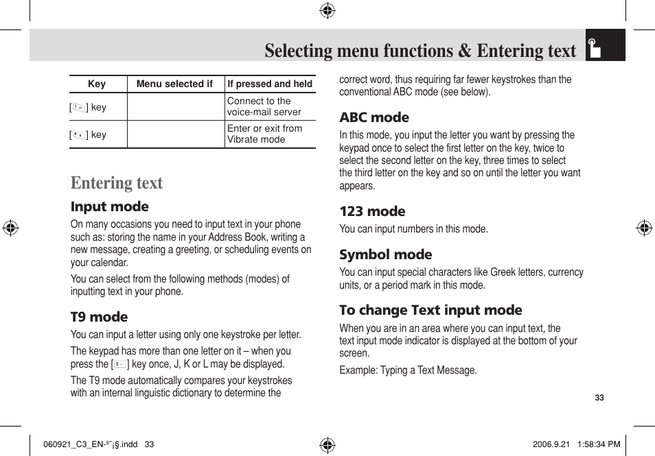 Selecting menu functions & entering text, Entering text, Input mode | T9 mode, Abc mode, 123 mode, Symbol mode | Pantech C3 User Manual | Page 34 / 97
