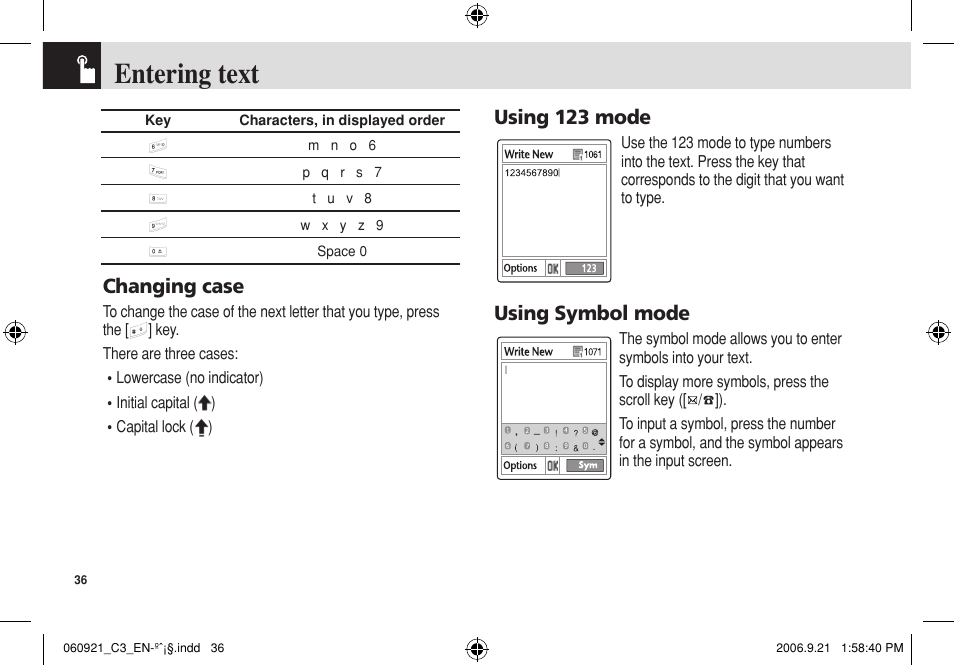 Entering text, Changing case, Using 123 mode | Using symbol mode | Pantech C3 User Manual | Page 37 / 97