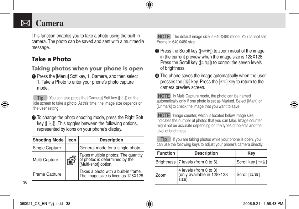 Camera, Take a photo | Pantech C3 User Manual | Page 39 / 97