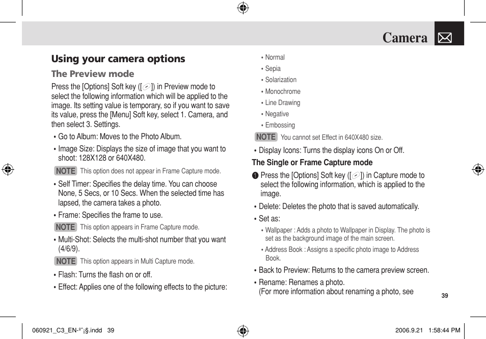 Camera, Using your camera options | Pantech C3 User Manual | Page 40 / 97