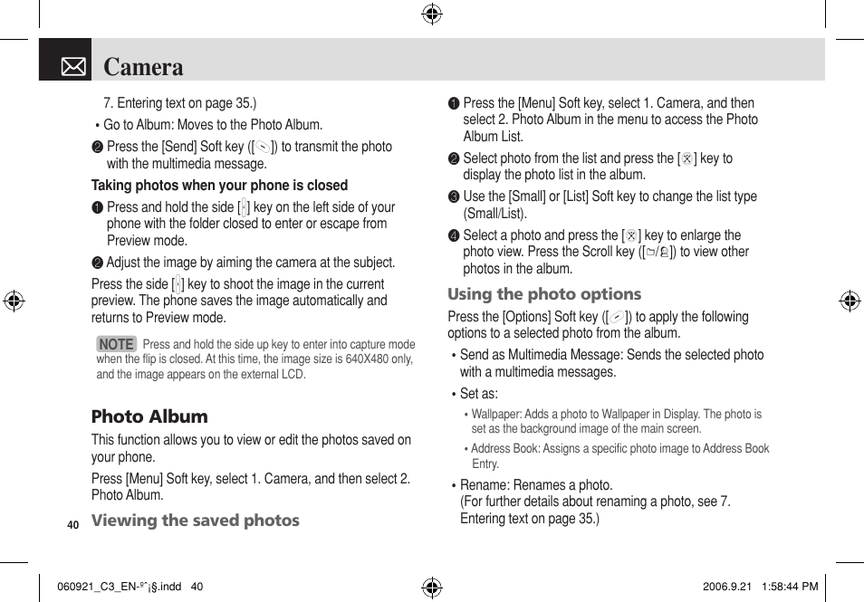 Camera, Photo album | Pantech C3 User Manual | Page 41 / 97