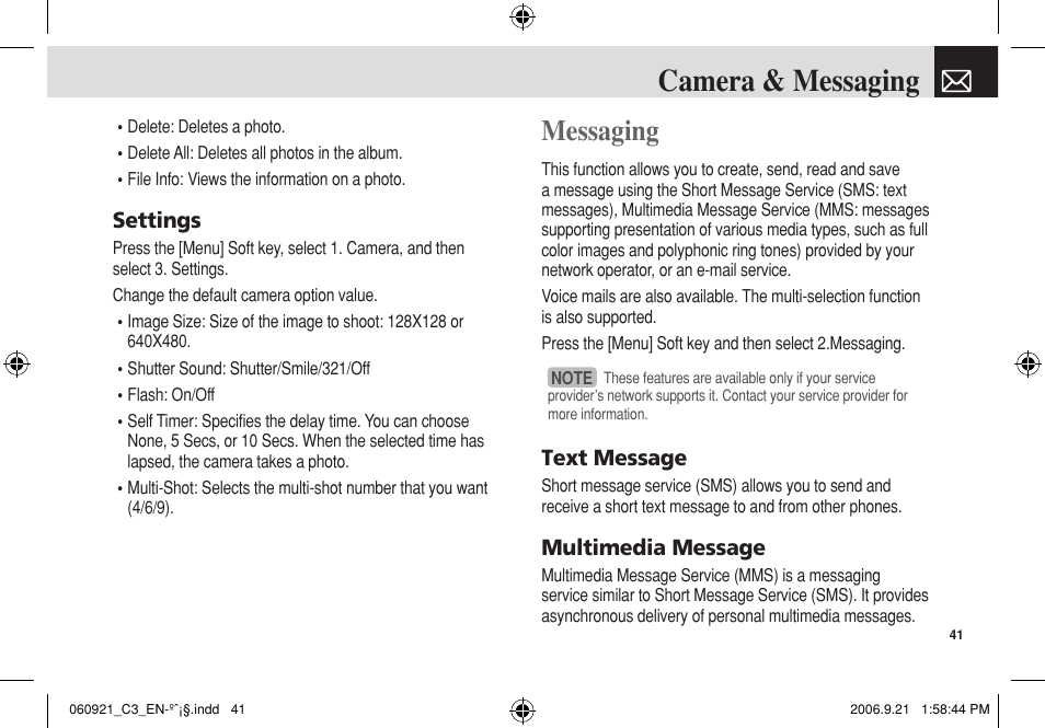 Camera & messaging, Messaging, Settings | Text message, Multimedia message | Pantech C3 User Manual | Page 42 / 97