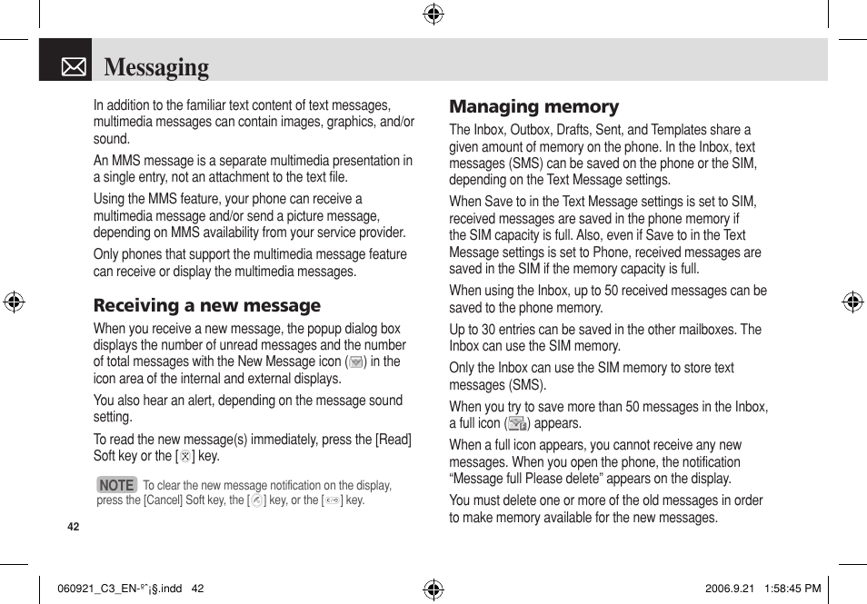Messaging, Receiving a new message | Pantech C3 User Manual | Page 43 / 97