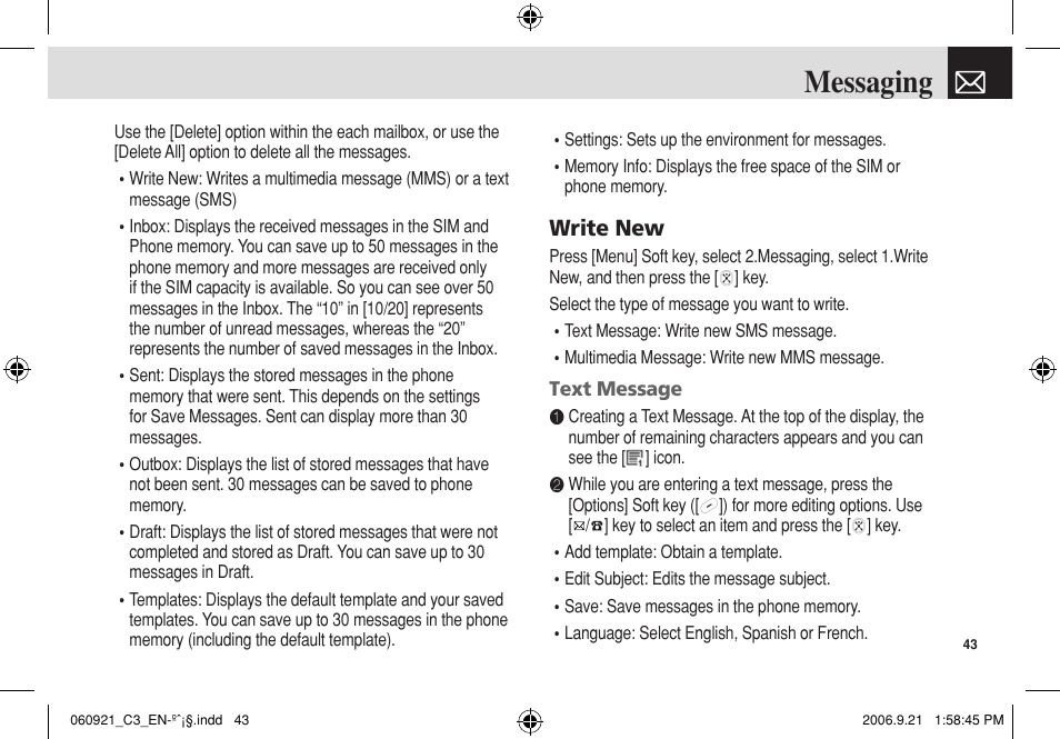 Messaging, Write new | Pantech C3 User Manual | Page 44 / 97