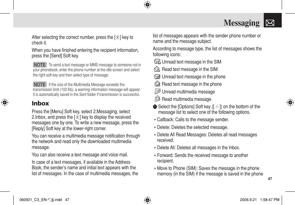 Messaging, Inbox | Pantech C3 User Manual | Page 48 / 97