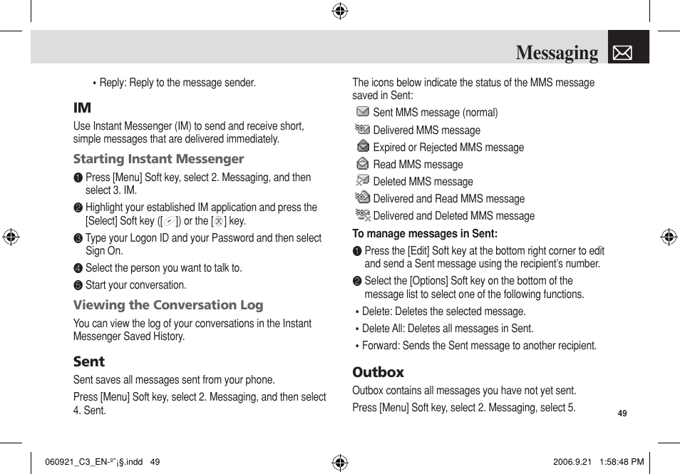 Messaging, Sent, Outbox | Pantech C3 User Manual | Page 50 / 97