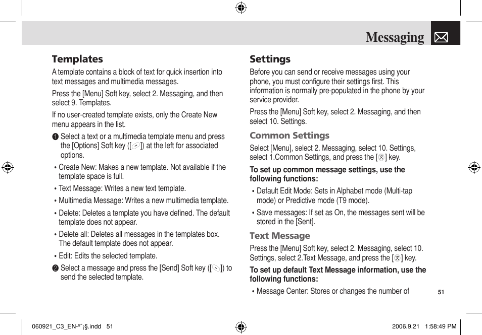 Messaging, Templates, Settings | Pantech C3 User Manual | Page 52 / 97