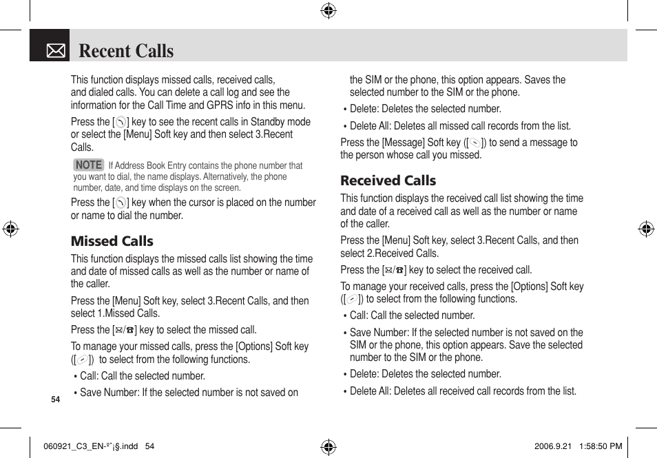 Recent calls, Missed calls, Received calls | Pantech C3 User Manual | Page 55 / 97
