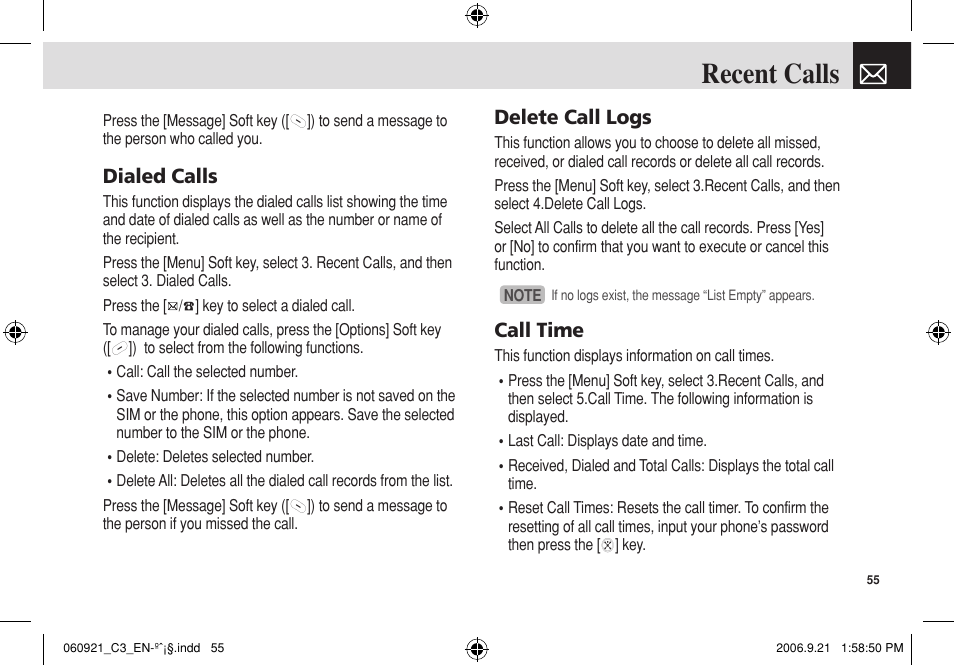 Recent calls, Dialed calls, Delete call logs | Call time | Pantech C3 User Manual | Page 56 / 97