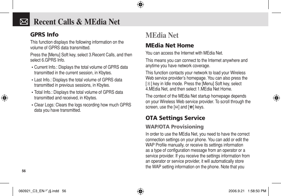 Recent calls & media net, Media net | Pantech C3 User Manual | Page 57 / 97