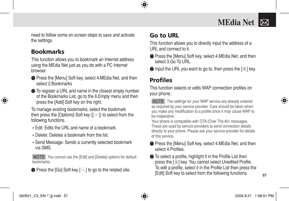 Media net, Bookmarks, Go to url | Profiles | Pantech C3 User Manual | Page 58 / 97