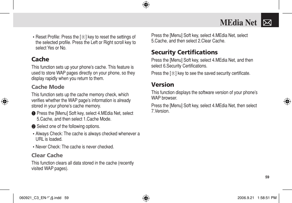 Media net, Cache, Security certifications | Version | Pantech C3 User Manual | Page 60 / 97