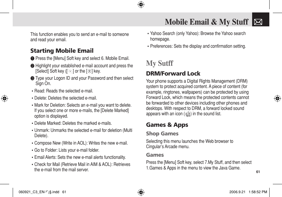 Mobile email & my stuff, My sutff, Starting mobile email | Drm/forward lock, Games & apps | Pantech C3 User Manual | Page 62 / 97