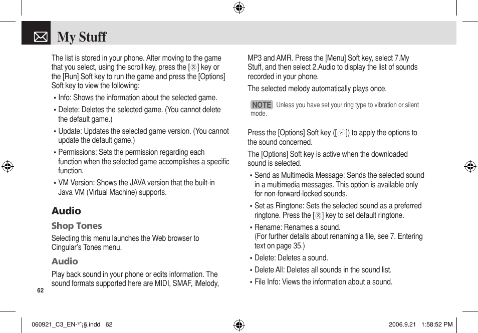 My stuff, Audio | Pantech C3 User Manual | Page 63 / 97