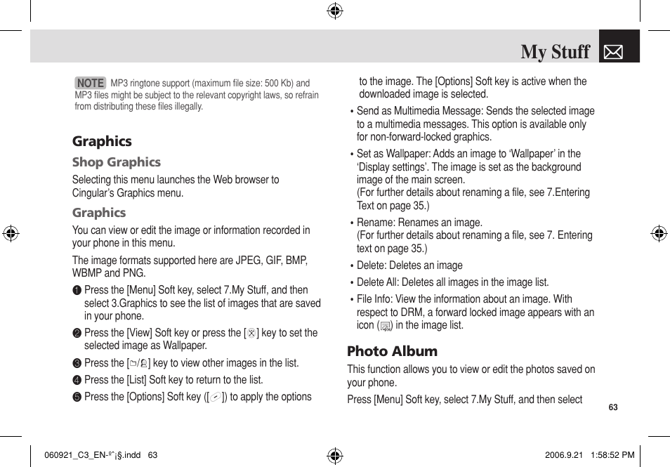 My stuff, Graphics, Photo album | Pantech C3 User Manual | Page 64 / 97