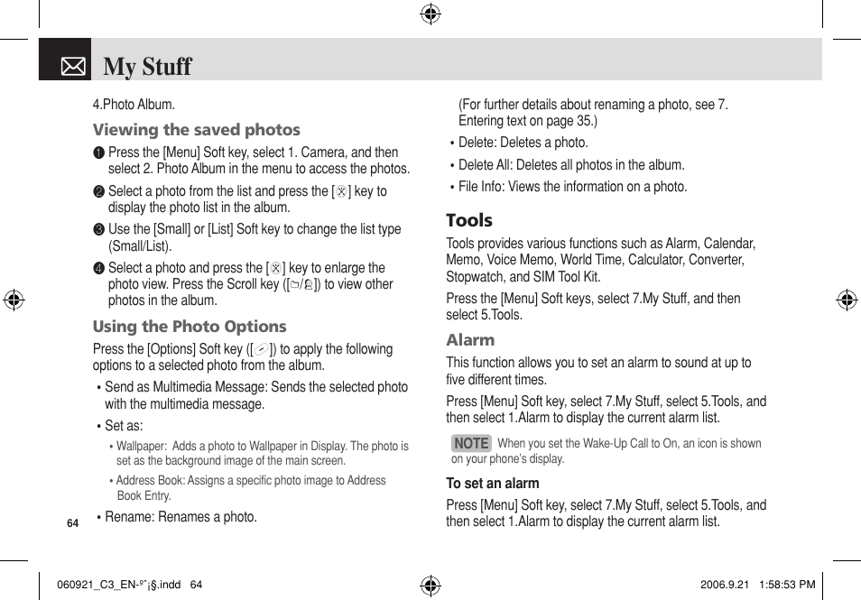My stuff, Tools | Pantech C3 User Manual | Page 65 / 97