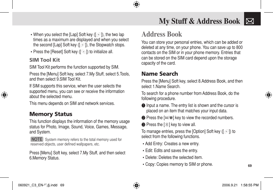 My stuff & address book, Address book, Name search | Pantech C3 User Manual | Page 70 / 97