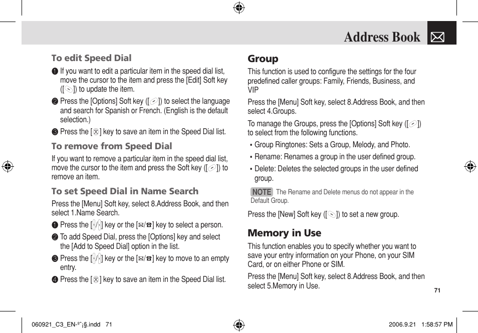 Address book, Group | Pantech C3 User Manual | Page 72 / 97