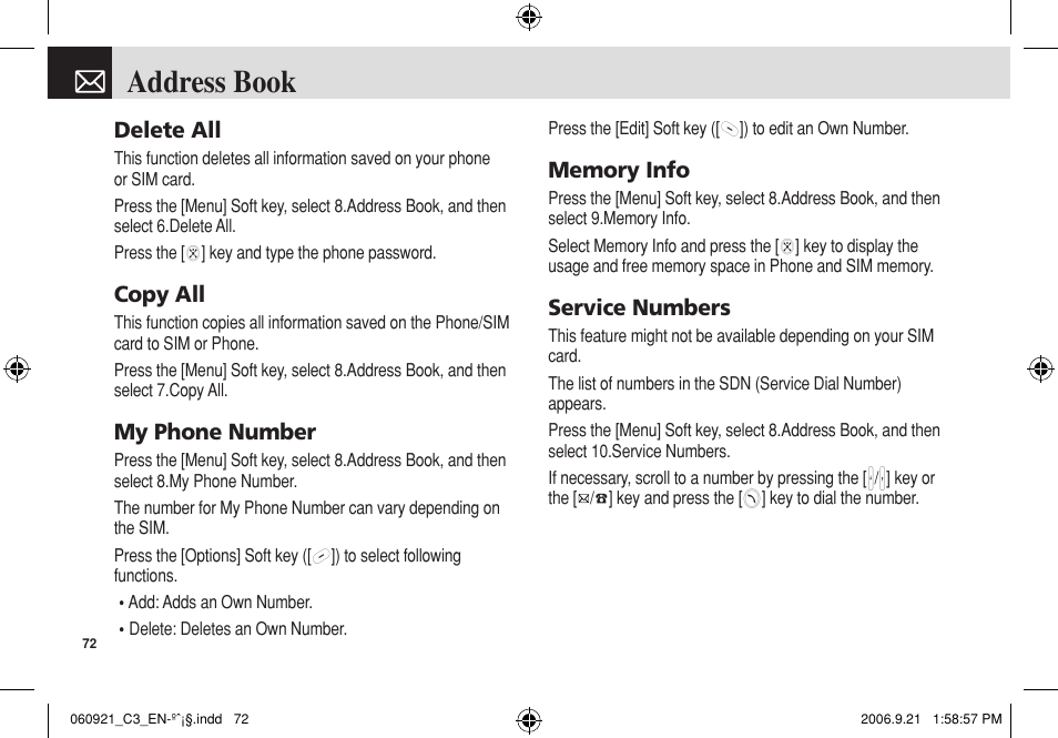 Address book, Delete all, Copy all | My phone number, Service numbers | Pantech C3 User Manual | Page 73 / 97