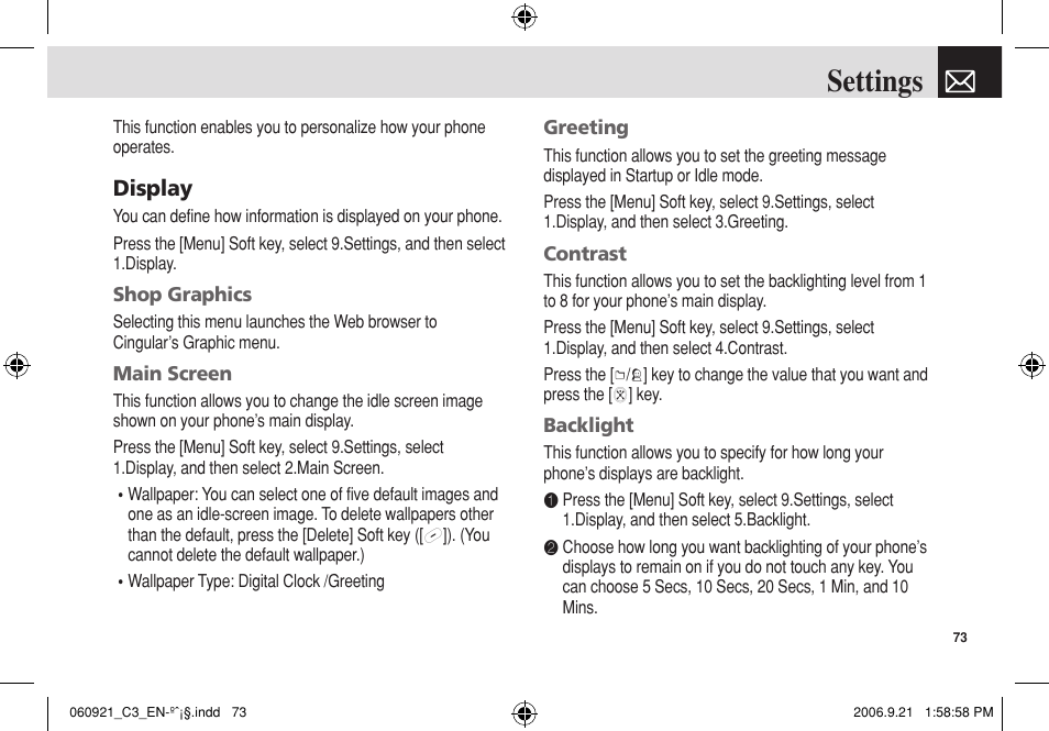 Settings, Display | Pantech C3 User Manual | Page 74 / 97