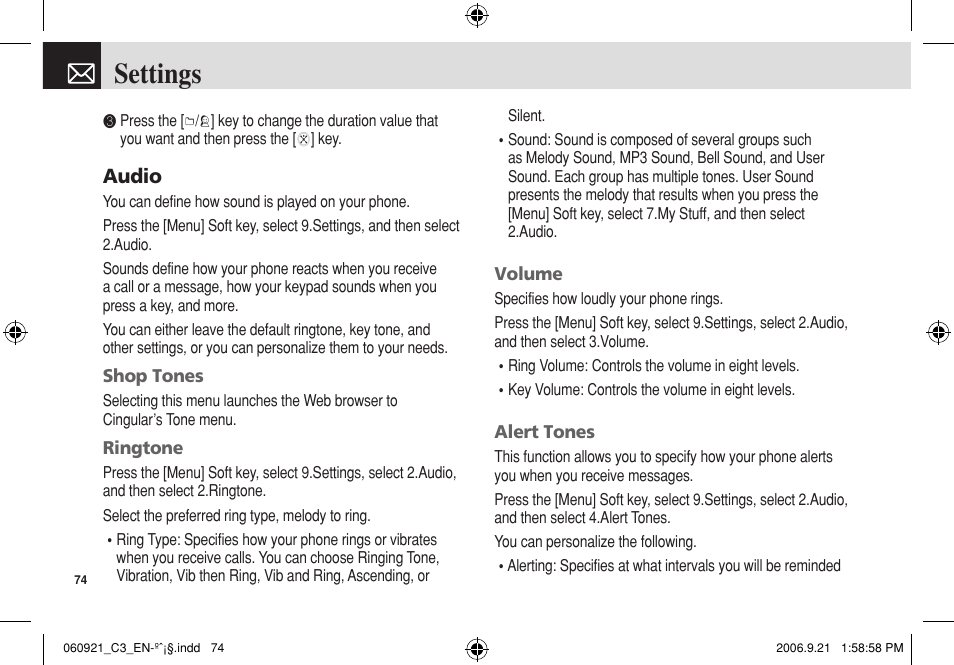 Settings, Audio | Pantech C3 User Manual | Page 75 / 97