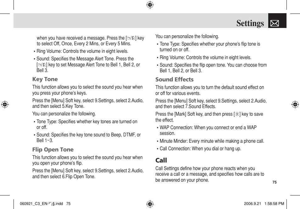 Settings, Call | Pantech C3 User Manual | Page 76 / 97