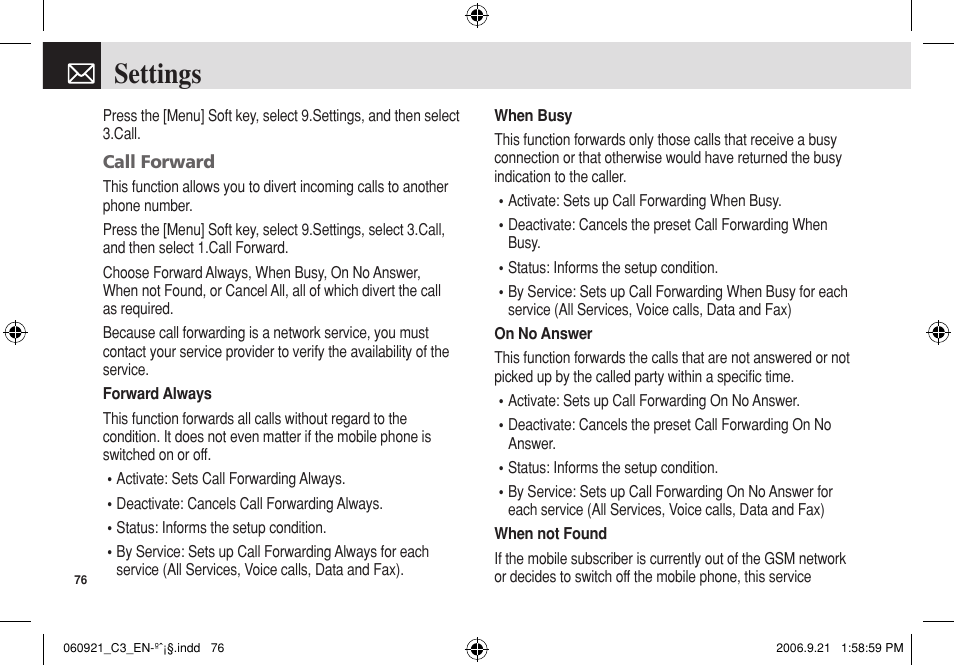 Settings | Pantech C3 User Manual | Page 77 / 97