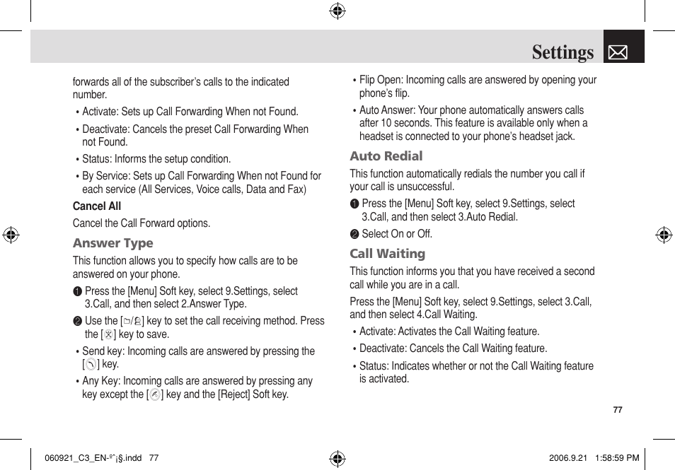 Settings | Pantech C3 User Manual | Page 78 / 97