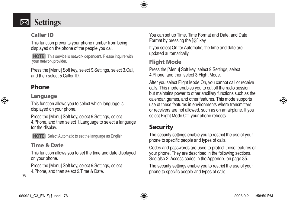 Settings, Phone, Security | Pantech C3 User Manual | Page 79 / 97