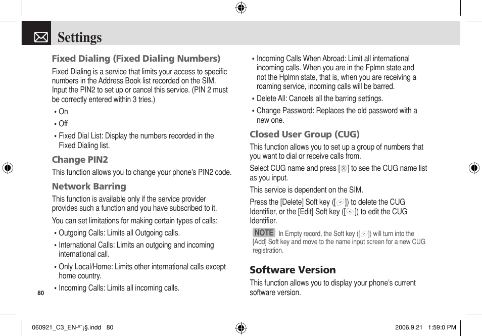 Settings, Software version | Pantech C3 User Manual | Page 81 / 97