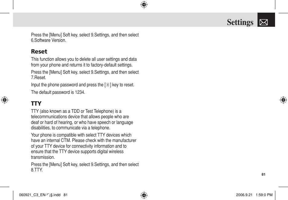 Settings, Reset | Pantech C3 User Manual | Page 82 / 97