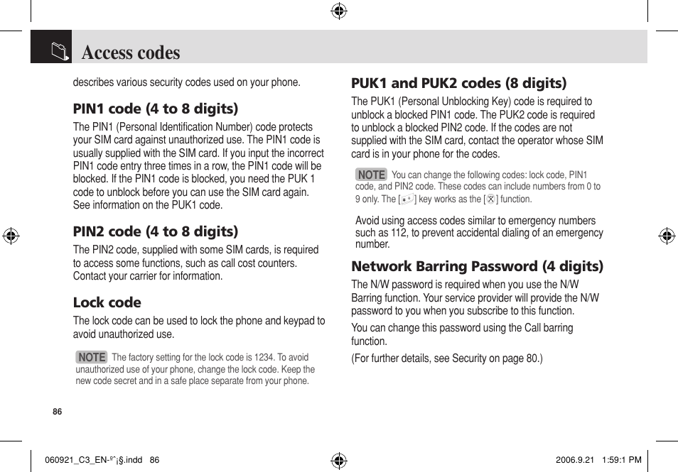 Access codes, Pin1 code (4 to 8 digits), Pin2 code (4 to 8 digits) | Lock code, Puk1 and puk2 codes (8 digits), Network barring password (4 digits) | Pantech C3 User Manual | Page 87 / 97