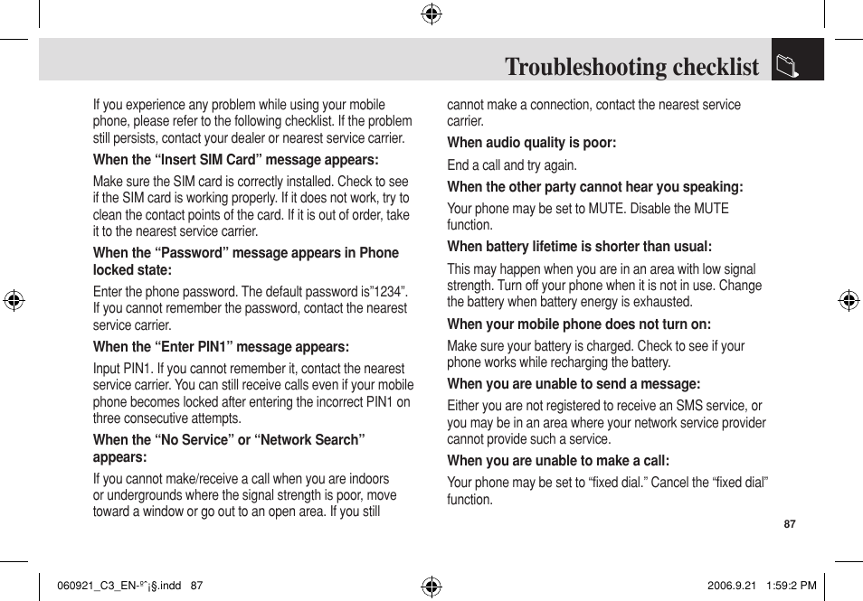 Troubleshooting checklist | Pantech C3 User Manual | Page 88 / 97
