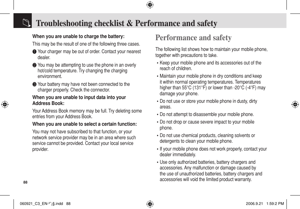 Troubleshooting checklist & performance and safety, Performance and safety | Pantech C3 User Manual | Page 89 / 97