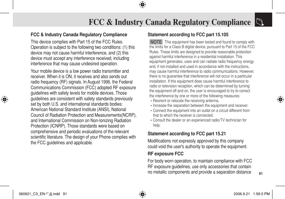 Fcc & industry canada regulatory compliance | Pantech C3 User Manual | Page 92 / 97