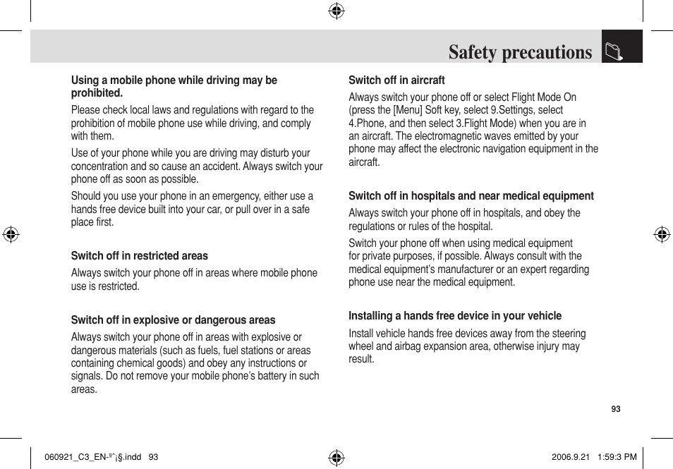Safety precautions | Pantech C3 User Manual | Page 94 / 97